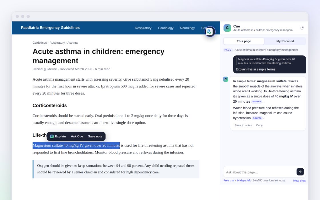 The recalled.fyi browser extension: highlight toolbar on a guideline page and the Cue side panel explaining it